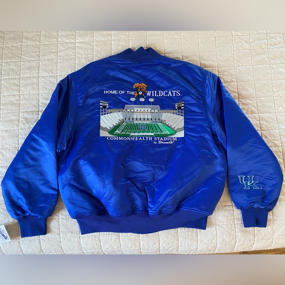 Vintage 90s University of Kentucky Wildcats Football Blue Satin Bomber Jacket